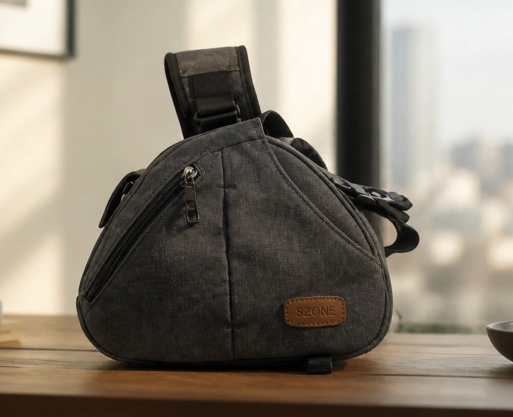 S-ZONE Canvas Camera Sling Bag Crossbody Backpack Gray Tripod Holder DSLR